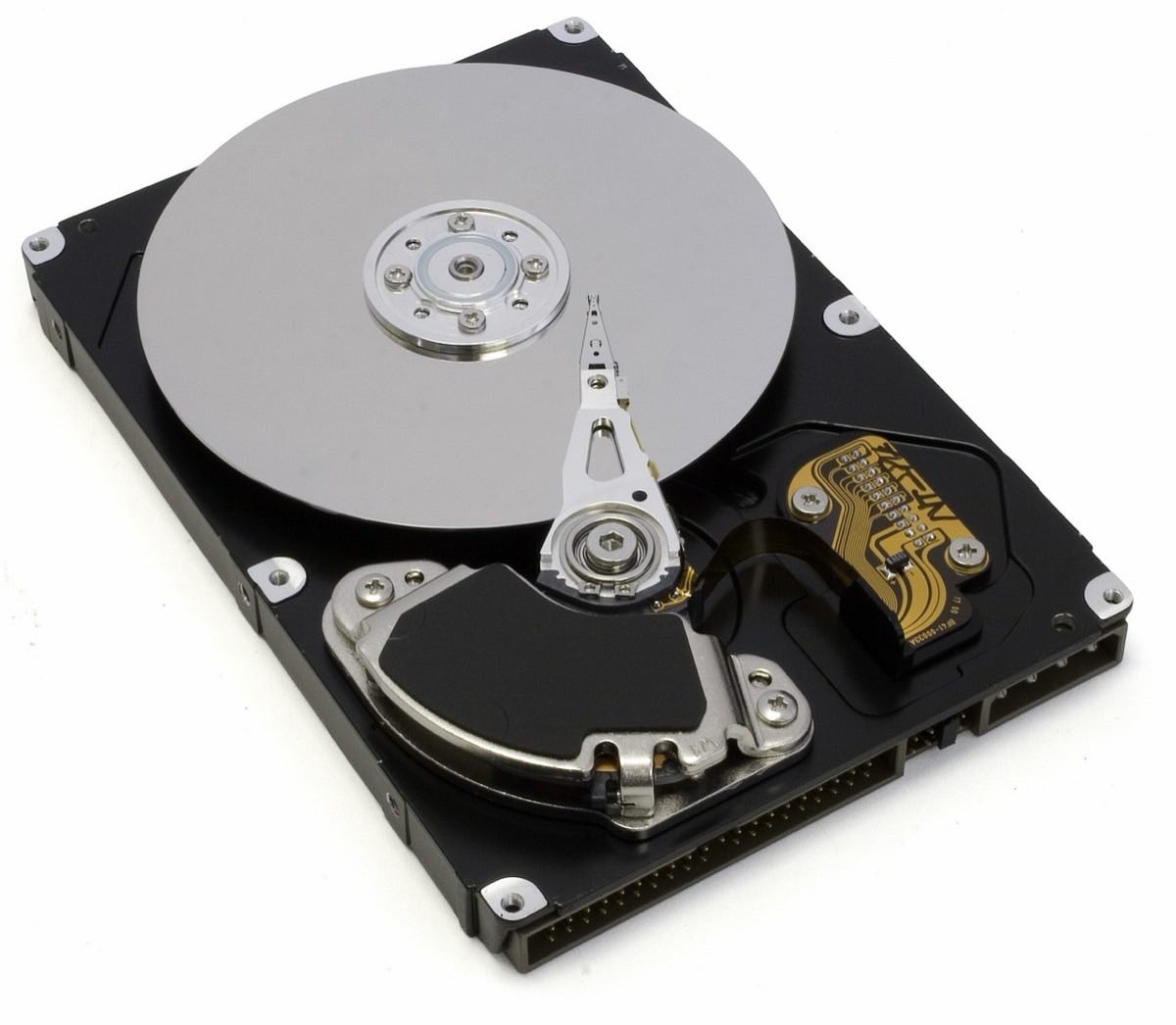 open hard drive, visible plate and reading head, writing, digital