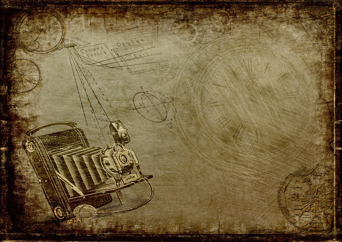 Ilustración sepia de una cámara de fuelle antigua y un esquema de cámara lúcida