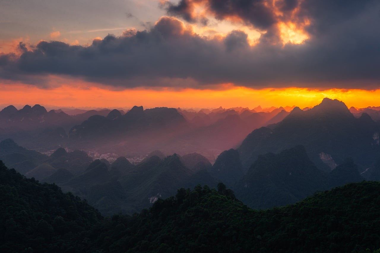 sunset, mountains, nature, landscape