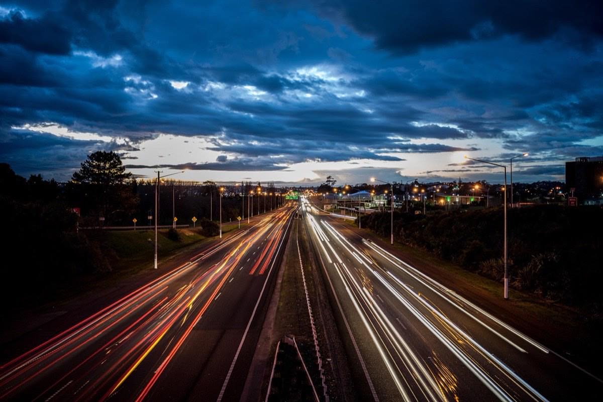 motorway, light trails, night photography, blue