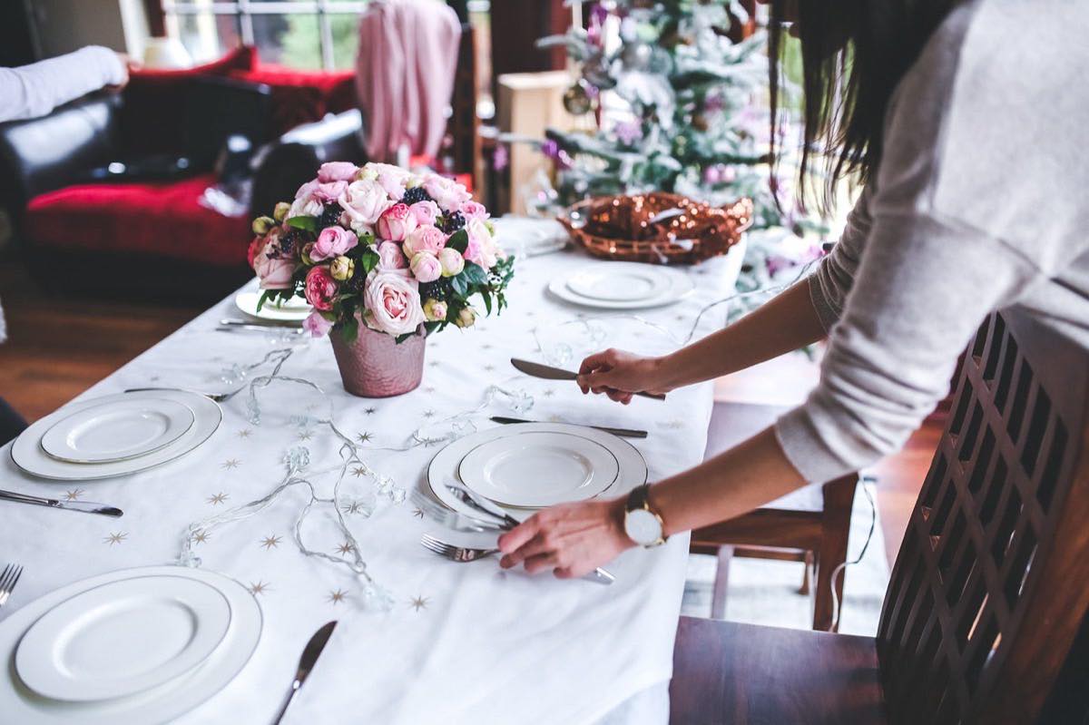 table setting, flower wallpaper, table, preparing