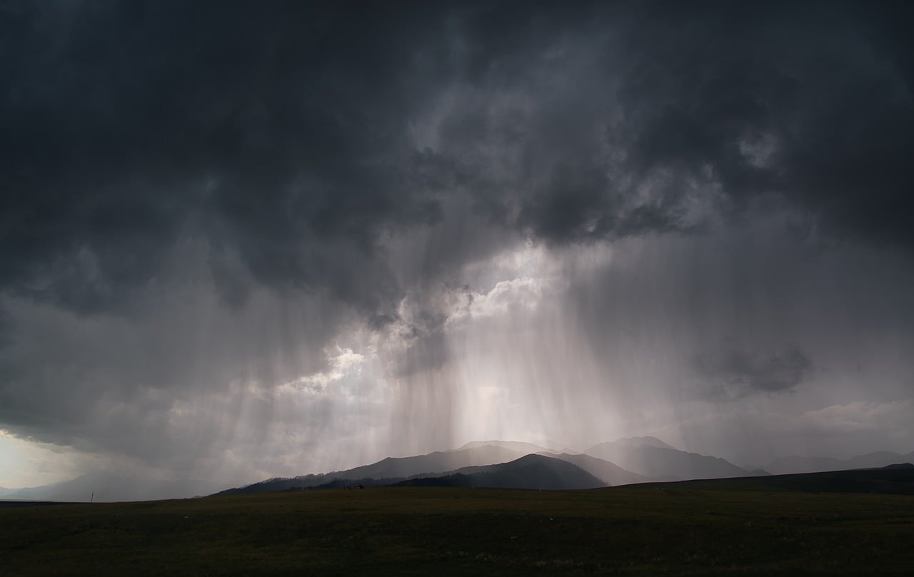 thunderstorm, rain, double rainbow, clouds