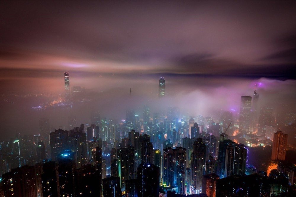 clouds, hong kong, buildings, haze
