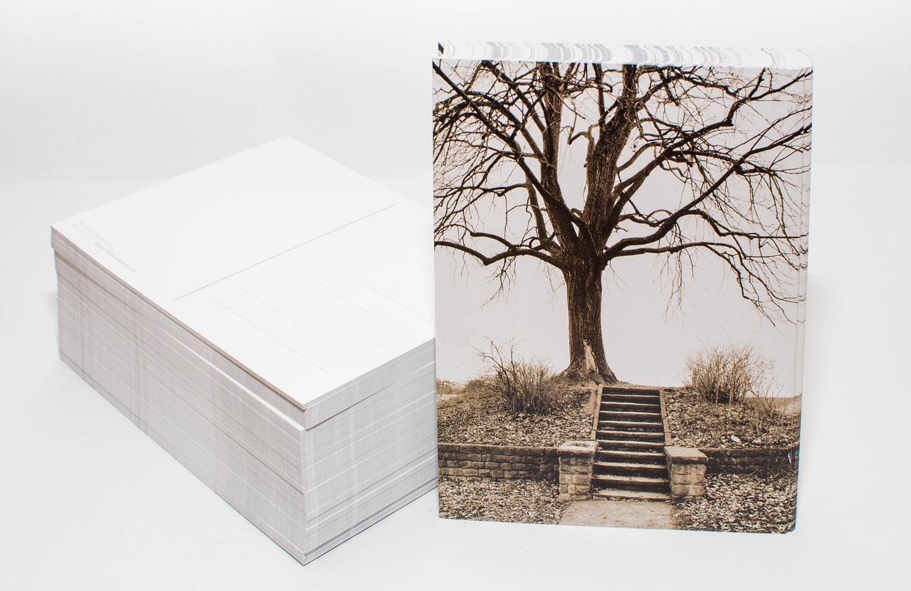 Pila de postales blancas junto a una copia impresa de un árbol