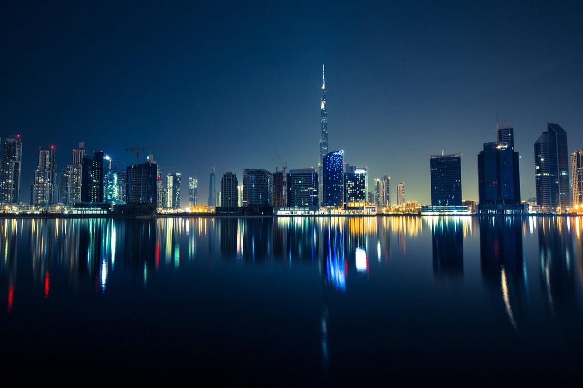 buildings, illuminated, water, waterfront