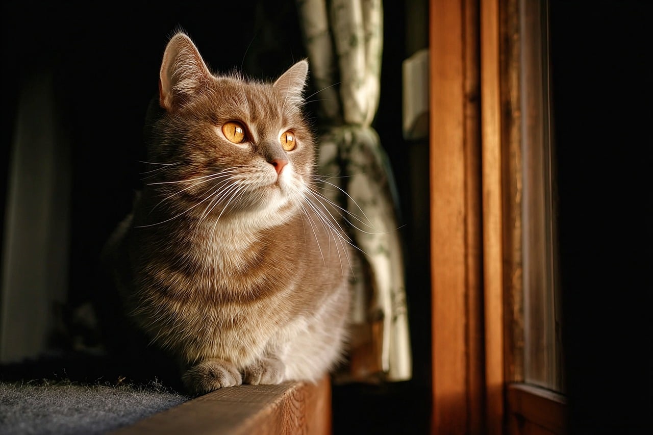 Gato junto a una ventana iluminado por luz lateral cálida